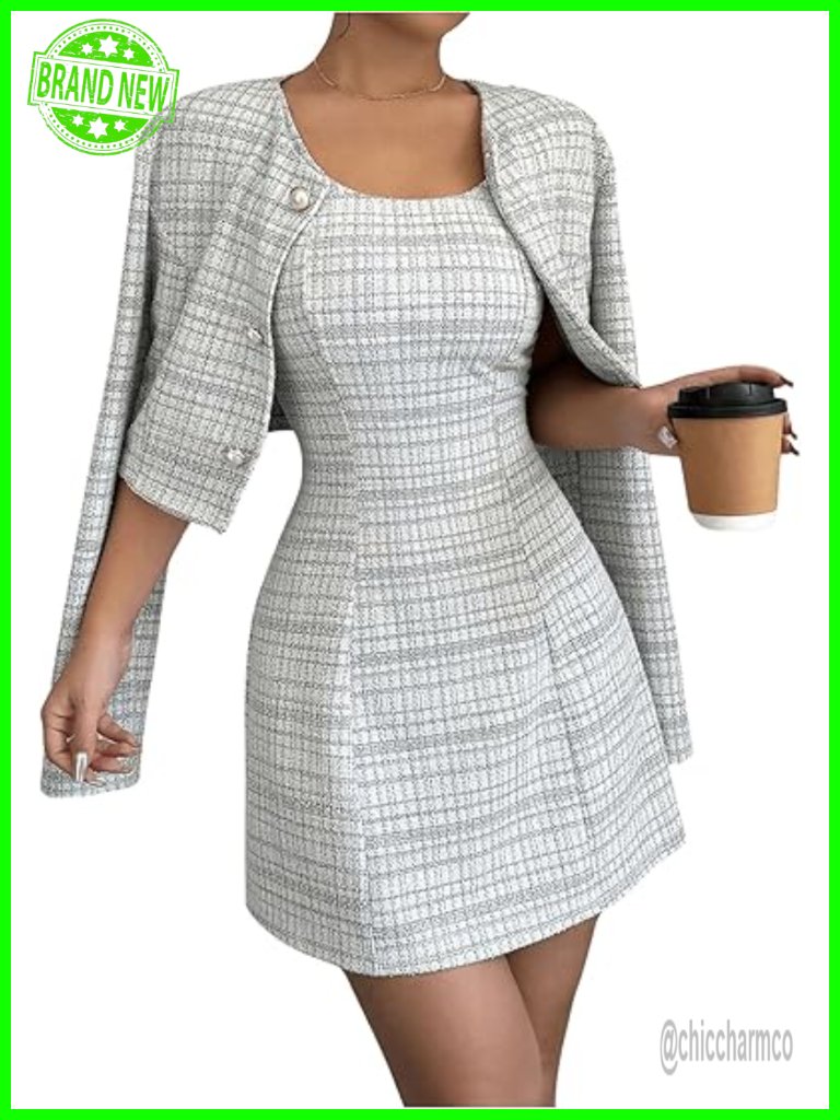 Plaid 2 Piece Set Cropped Jacket & Mini Tank Dress Polyester Blend